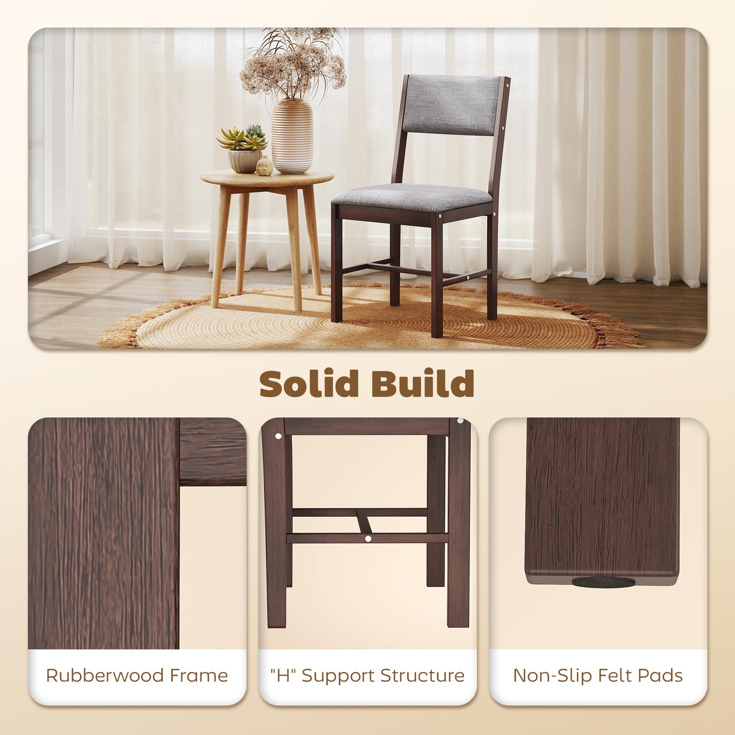 Modern Dining Chairs Set of 4, Linen Fabric Kitchen with Rubberwood