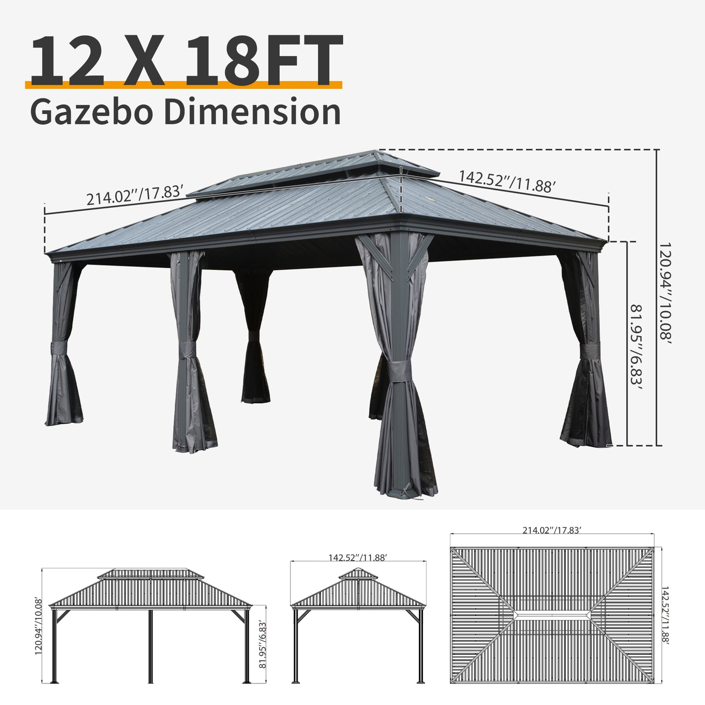 12 X 18 Hardtop Gazebo, Upgraded Metal Gazebo With Drainage System,