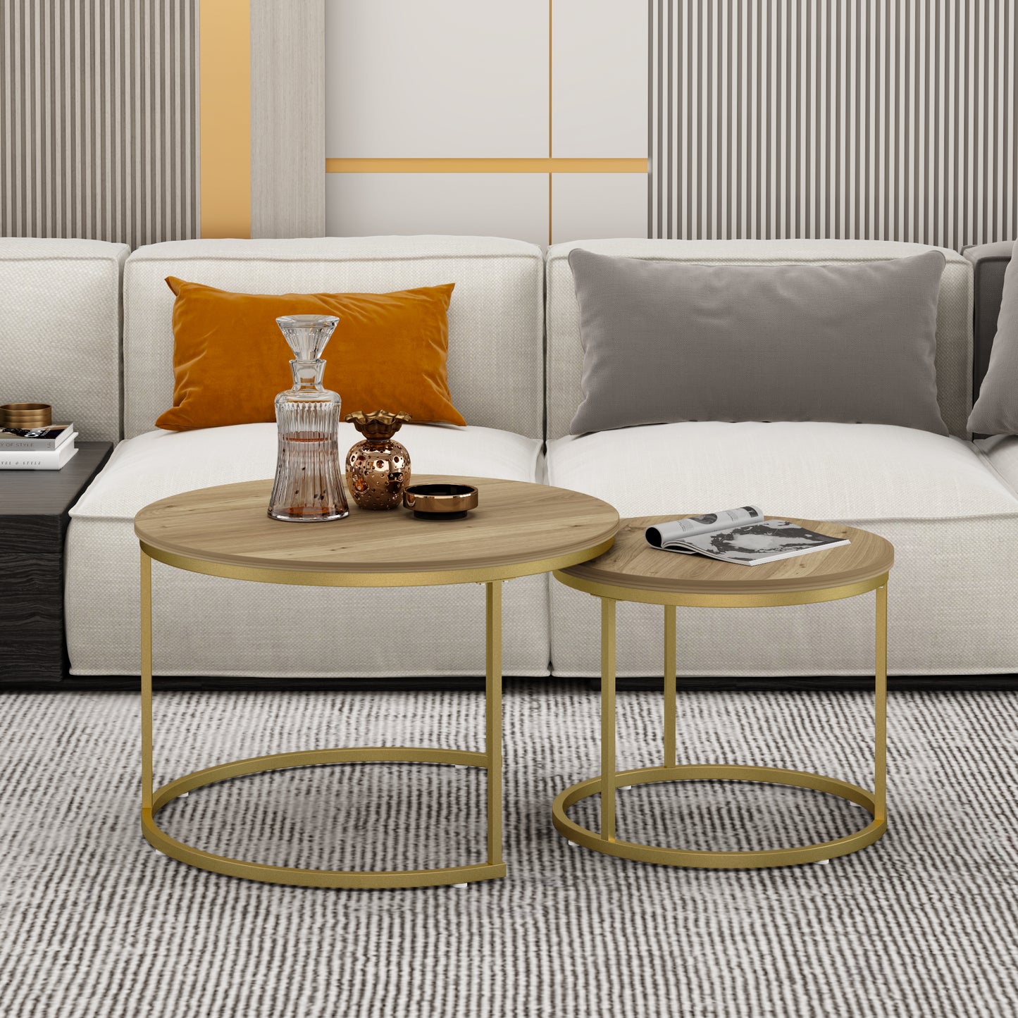 Nesting Coffee Table Set of 2 - Round Wood & Metal - Brown+Gold