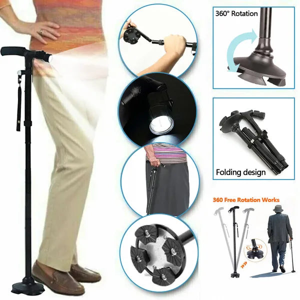 LED Folding Walking Cane with Pivoting Base - Adjustable Height
