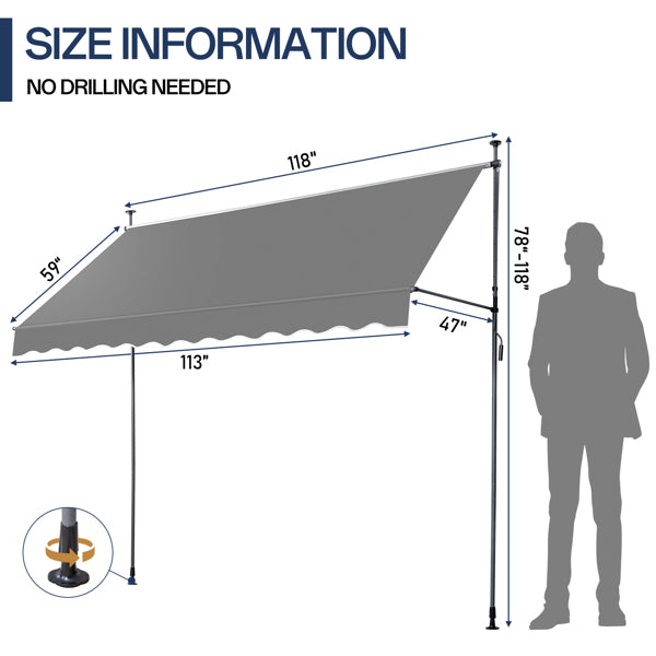Retractable Patio Awning - Grey Sun Shade Shelter with Adjustable Frame