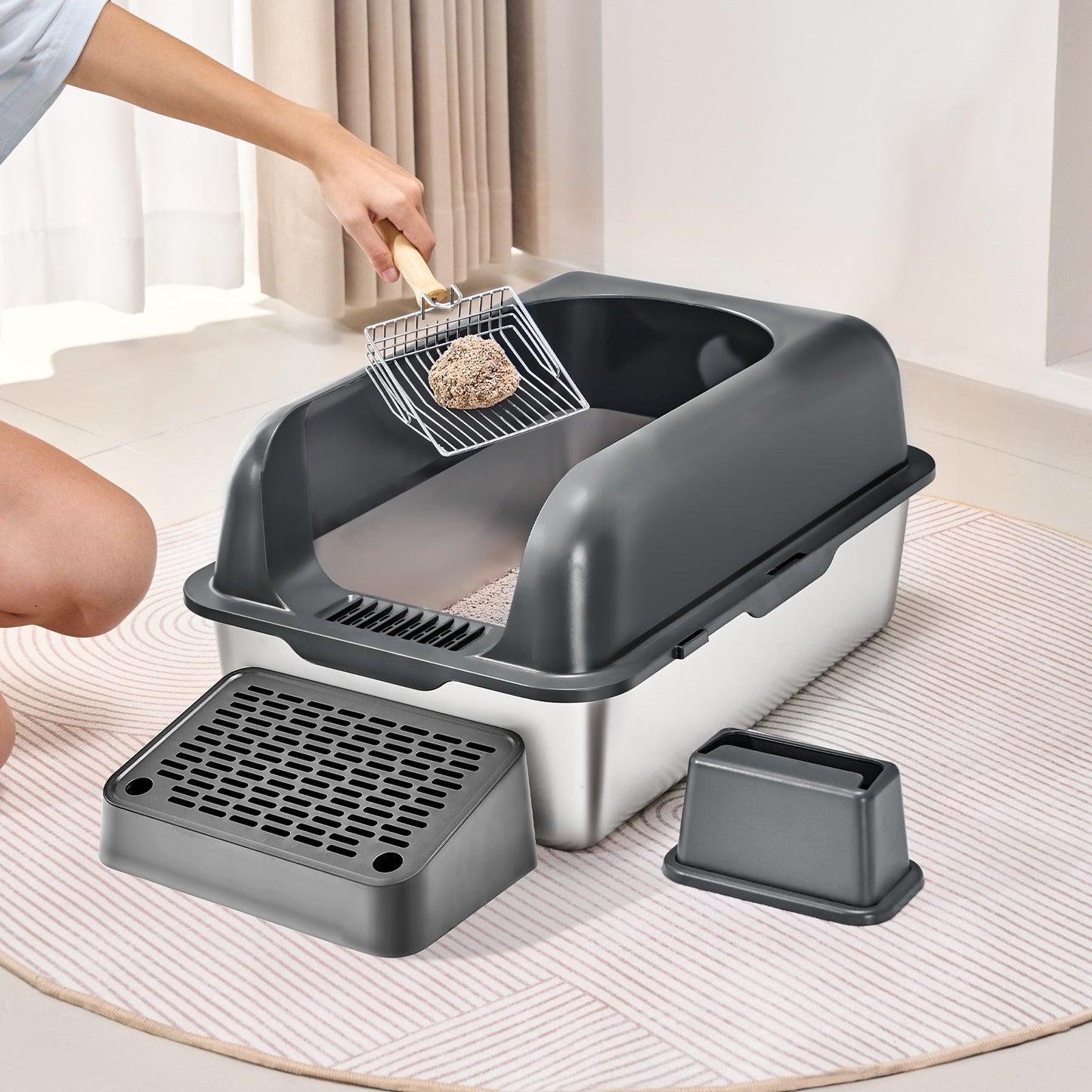 Deep Cat Litter Box with Odor-Free Filter and Foot Board - Grey