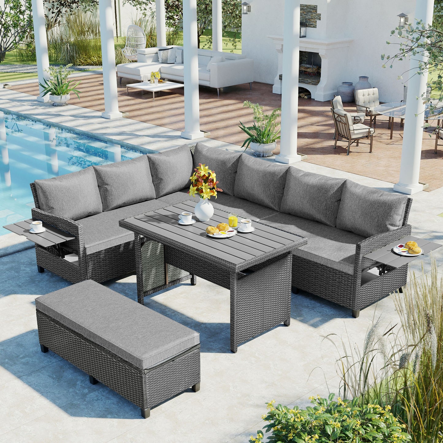 5-Piece Outdoor Patio Rattan Sofa Set with Dining Table & Side Tables - Grey