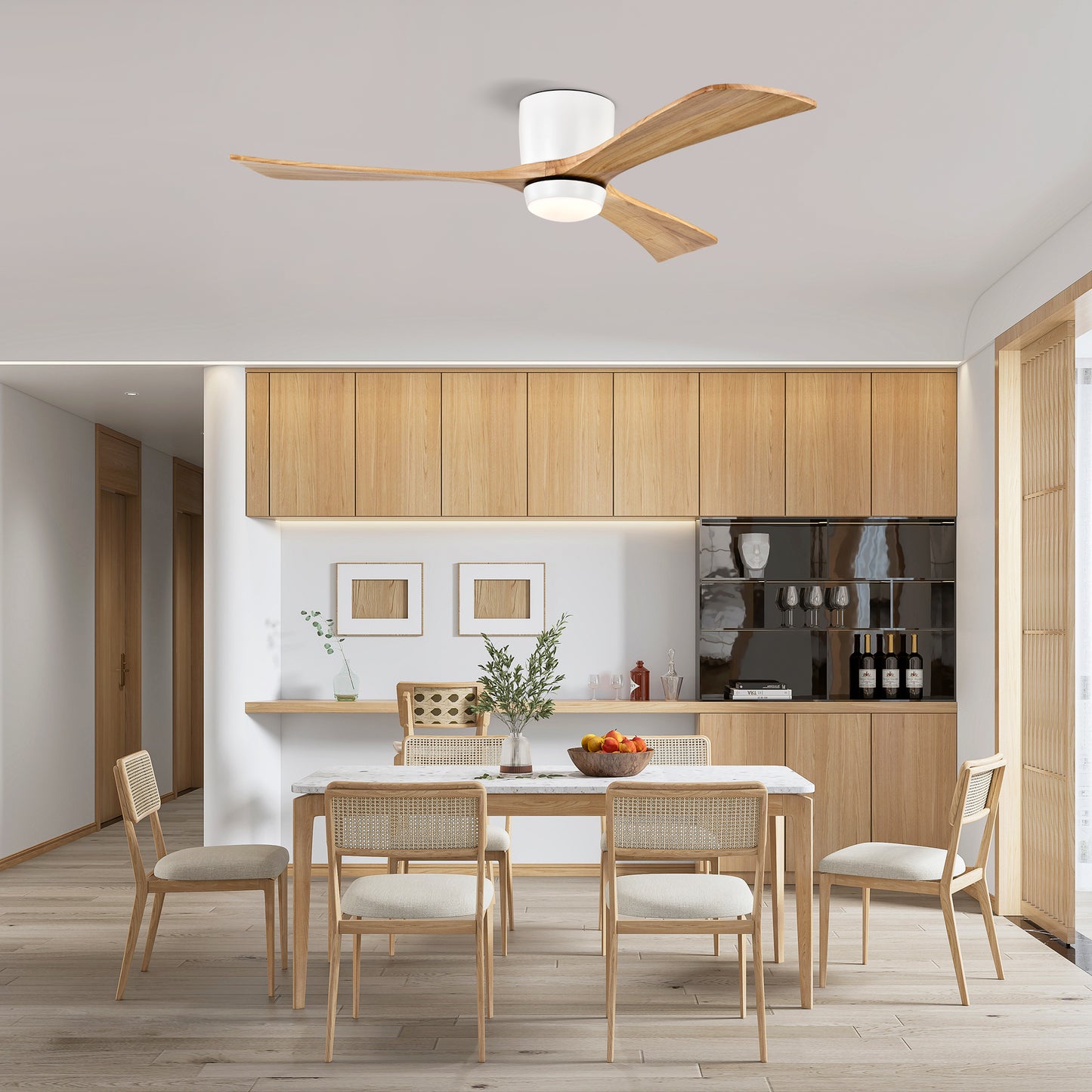 52" Flush Mount Ceiling Fan with Lights & Remote Control - Matte White Natural
