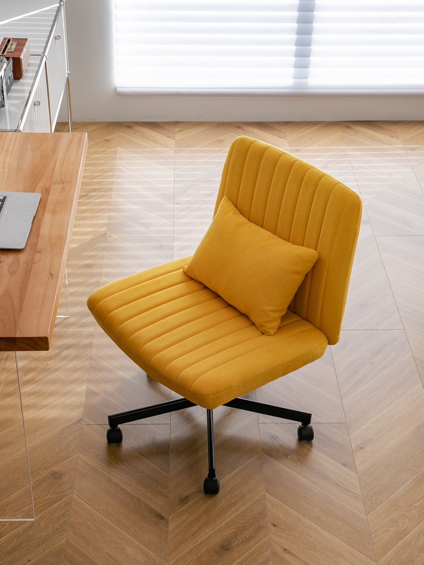 Yellow Linen Criss Cross Office Chair with Wheels - Ergonomic Design