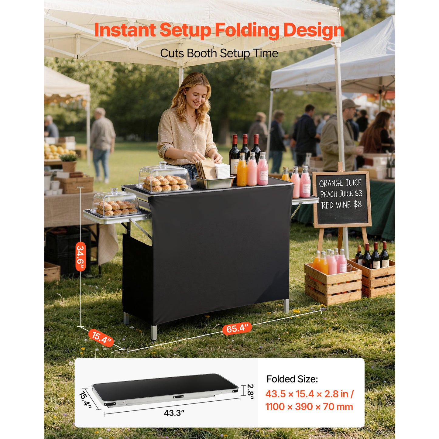 Folding Portable Bar Table 43.3x15.4x34.6 In with Carry Bag & Storage Shelf