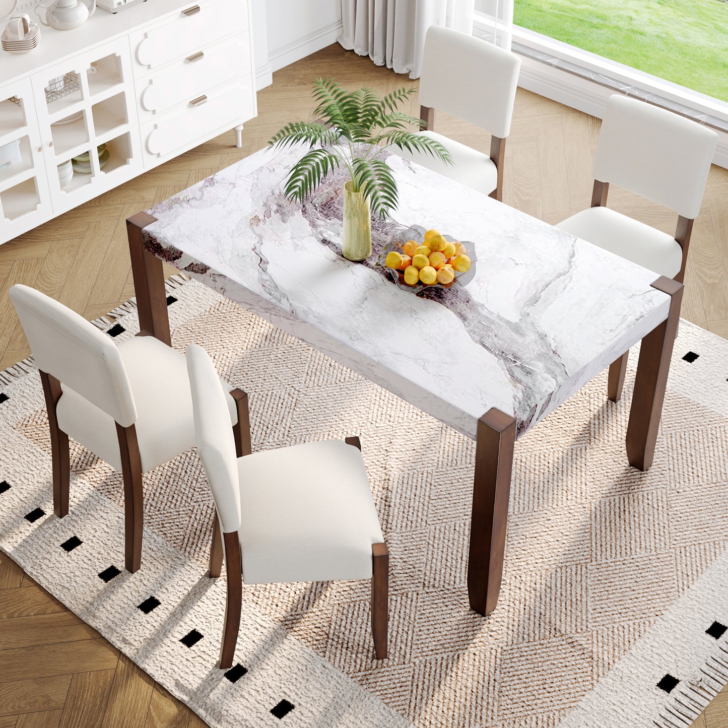 5-Piece Dining Table Set for 4 - Faux Marble Table & Upholstered Chairs