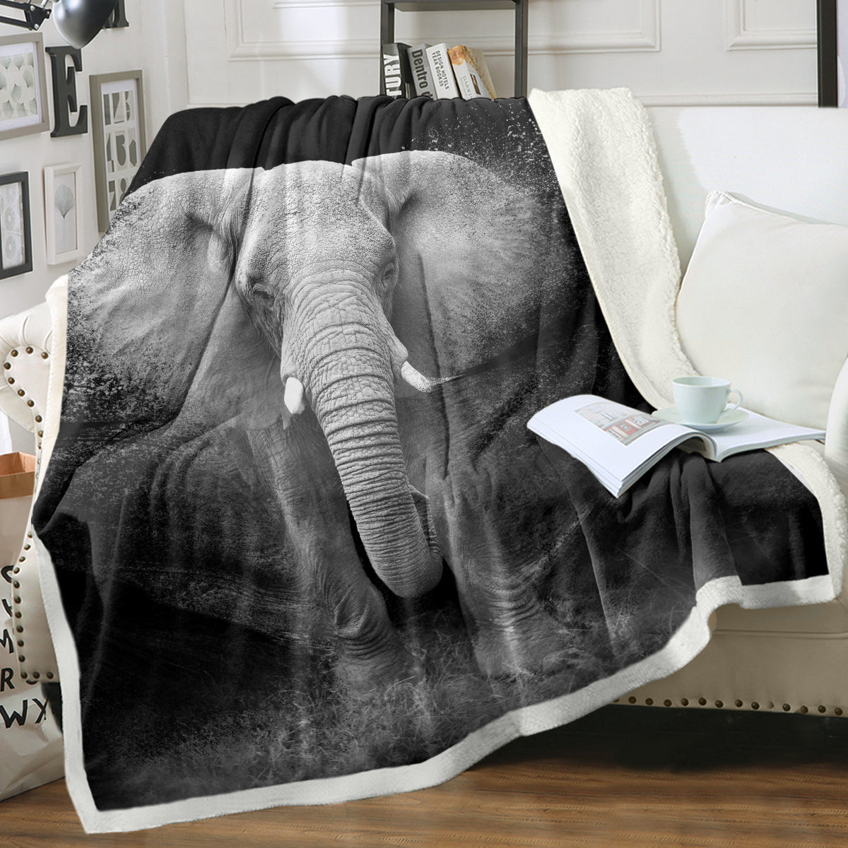 3D Elephant Printed Sherpa Fleece Blanket - Soft & Cozy