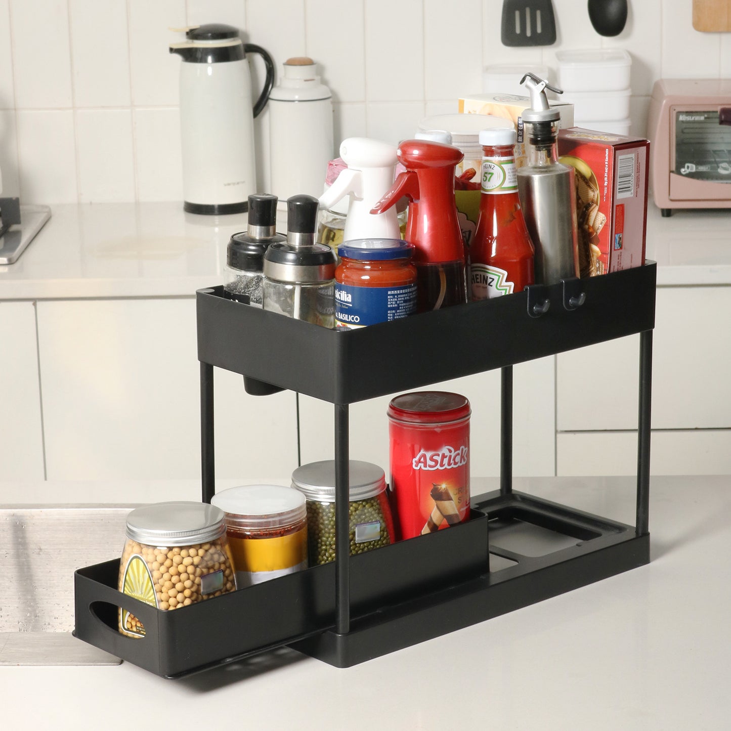 Double-Layer Pull-Out Kitchen Sink Organizer Rack - Black Plastic Storage Shelf