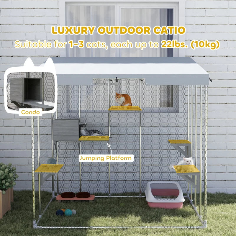 Large Galvanized Steel Catio with Waterproof Canopy & Platforms, Silver