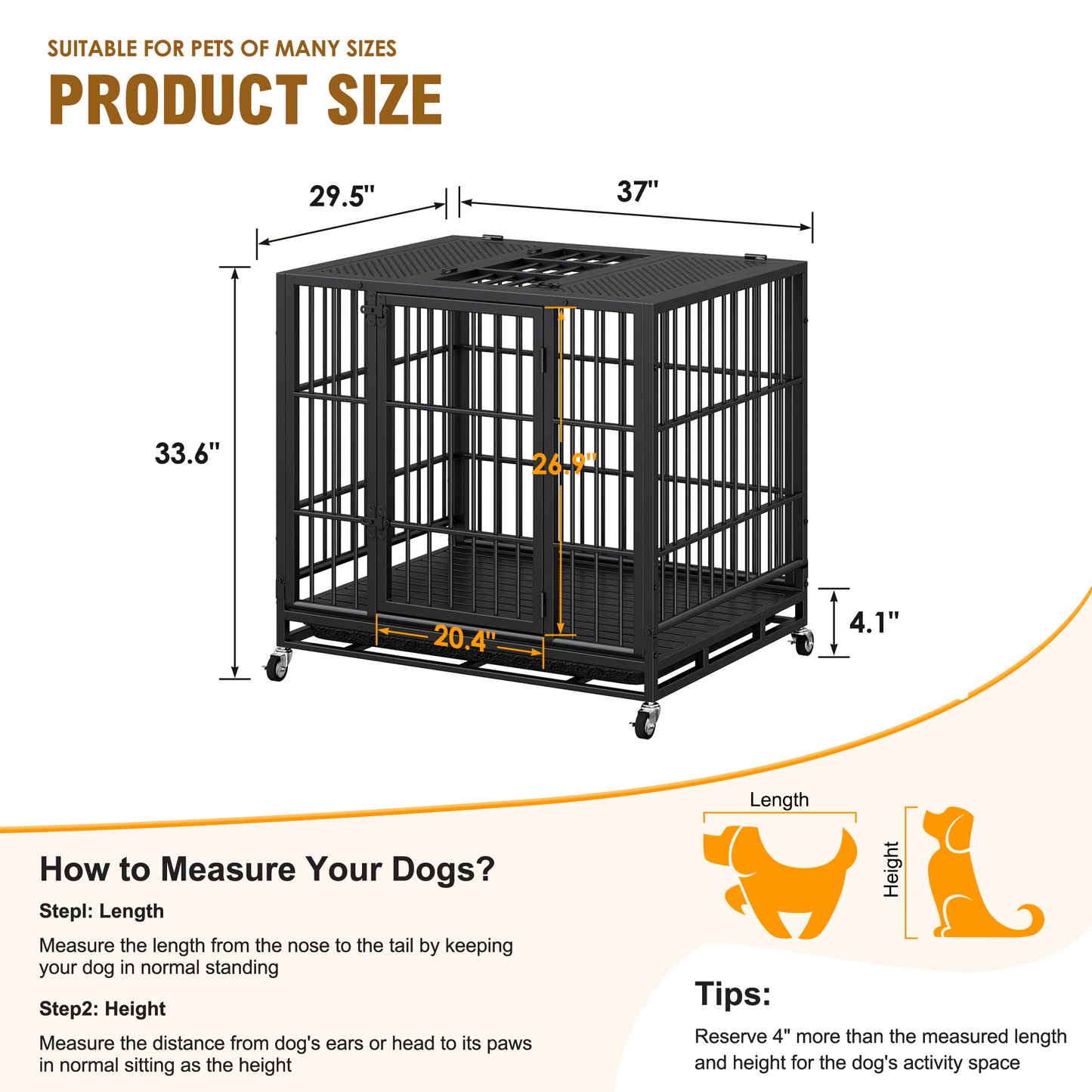 Heavy Duty Dog Crate with Lockable Wheels - Indoor Outdoor Metal Kennel, Perforated Top