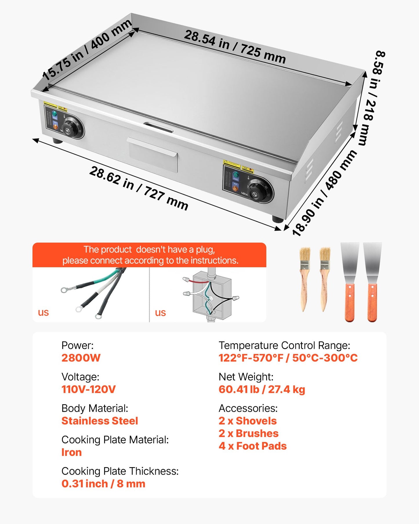 Electric Griddle 28.5x15.75in 2800W Stainless Steel Flat Top Grill for Steak Pancakes
