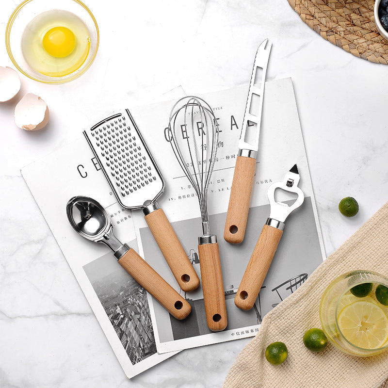 Kitchen 9-Piece Wooden Handle Baking Tool Set - Stainless Steel Utensils