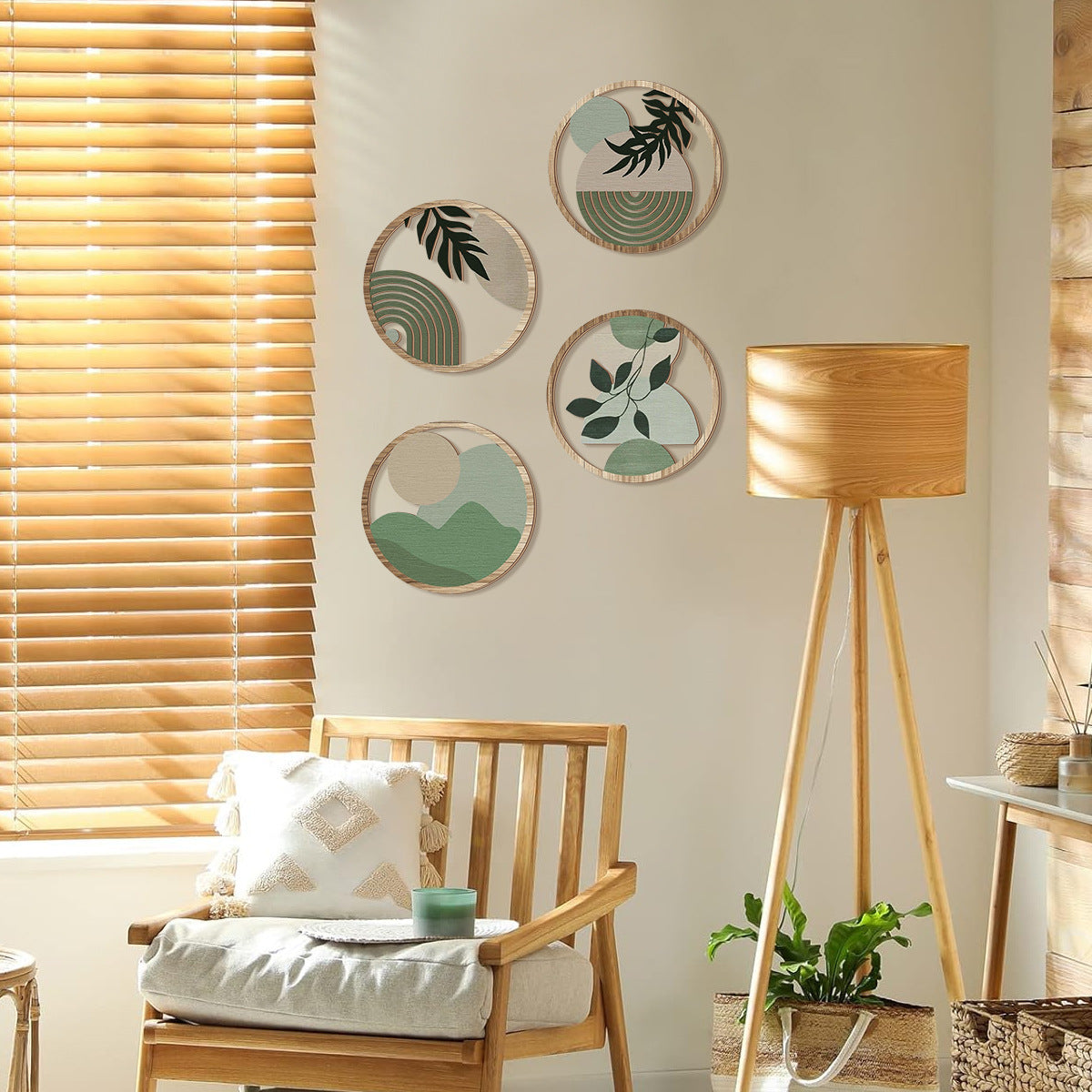 Retro Wooden Leaf Wall Stickers - Multi-Leaf Round Decor Set