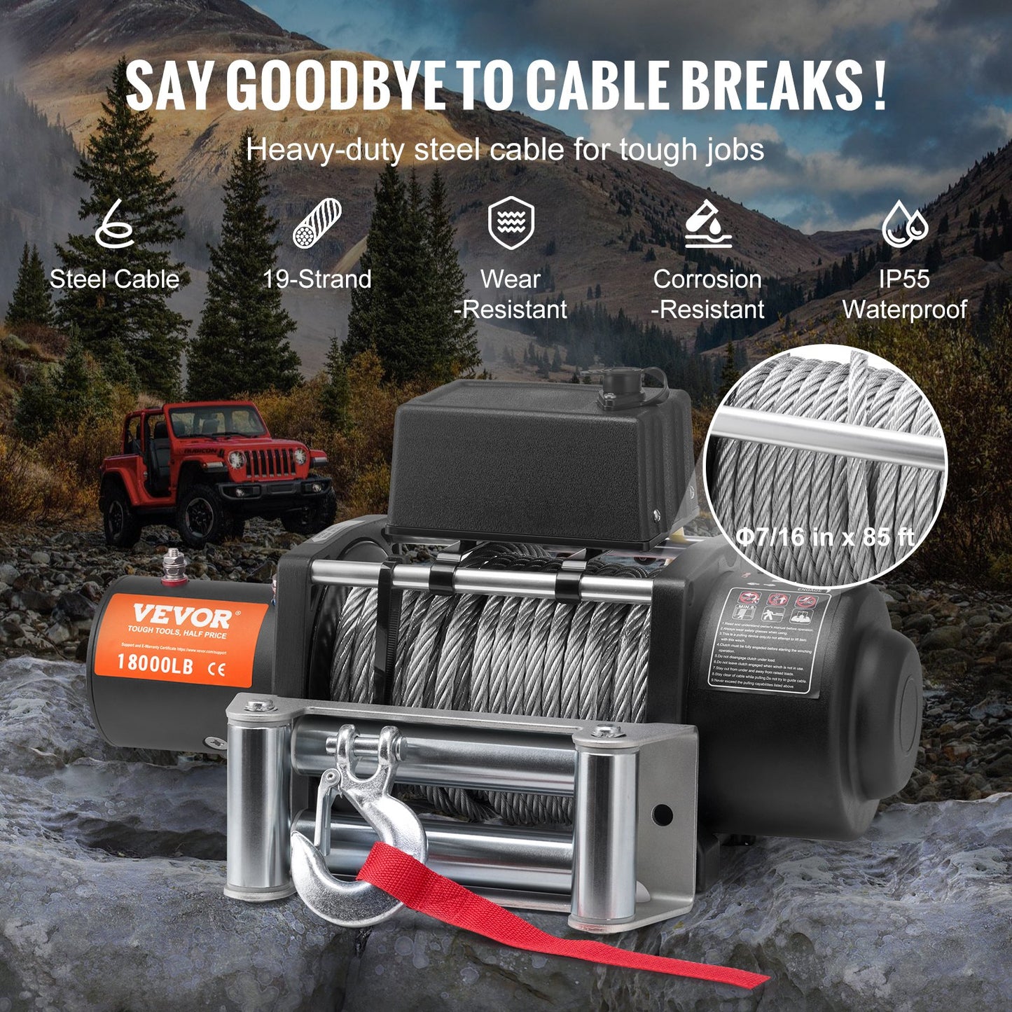 Electric Winch 18,000 Lb Steel Cable Waterproof Remote Control for Off-Road Recovery
