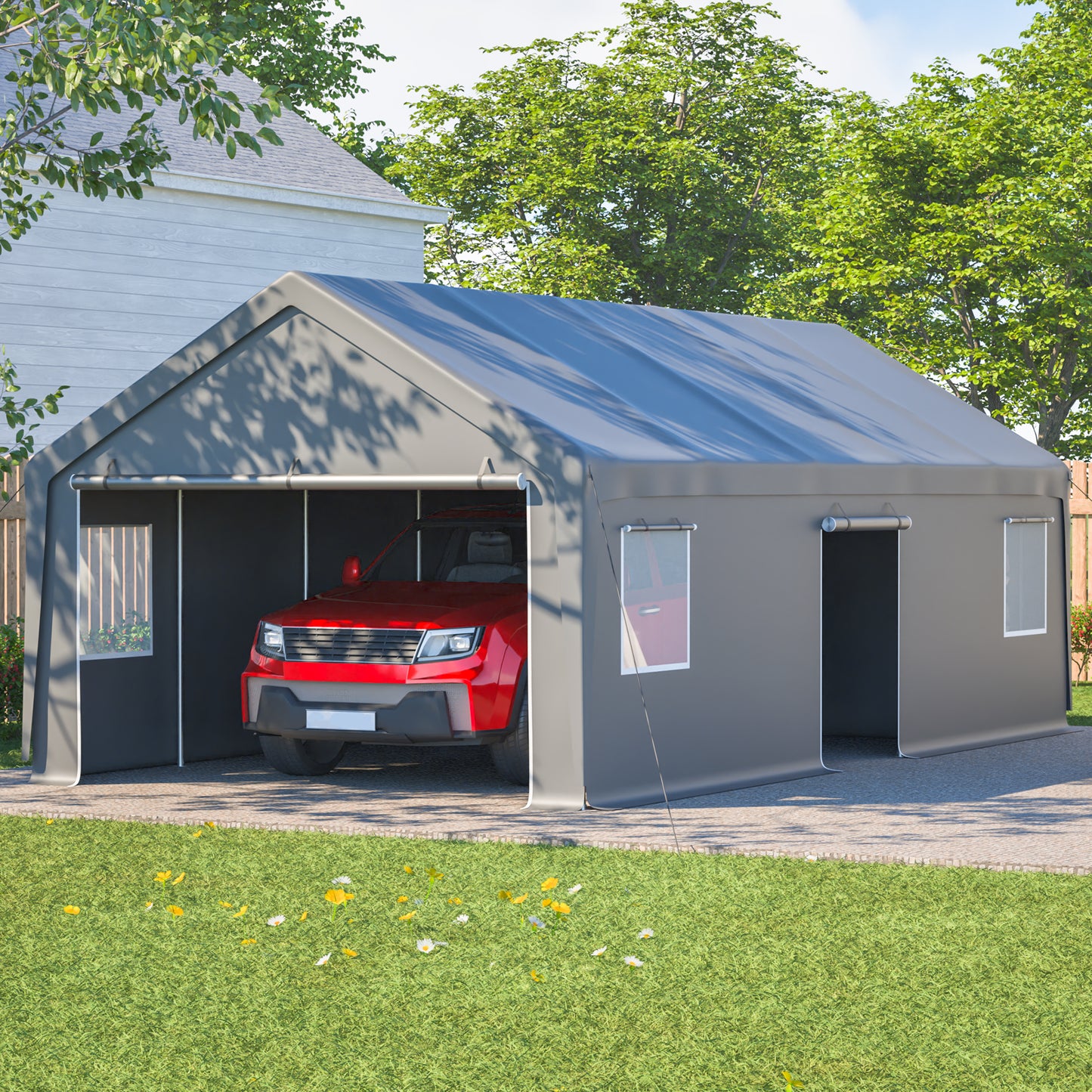 13x26 FT Heavy Duty Carport Canopy With 2 Roll-Up Doors 1 Side Door,