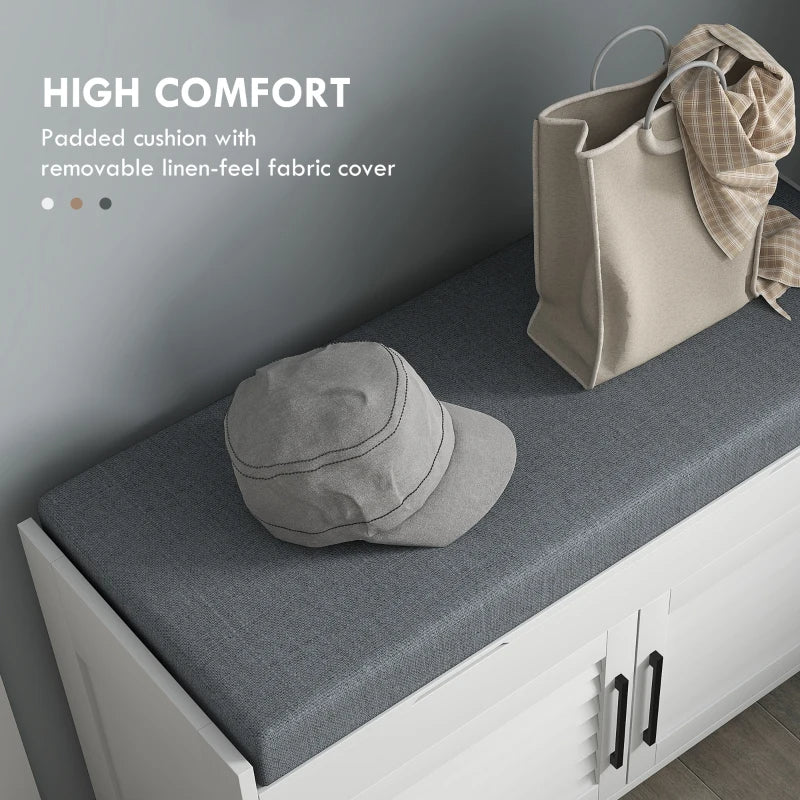 Shoe Storage Bench with Cushion and Hidden Compartments - White Entryway Organizer