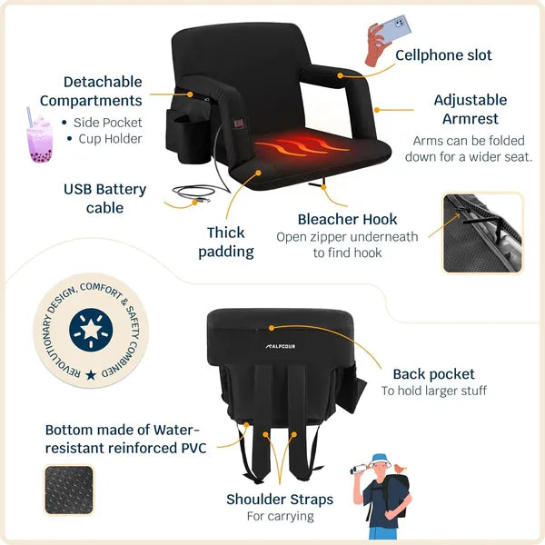 Heated Reclining Stadium Seat with Back Support - Black 25" Wide