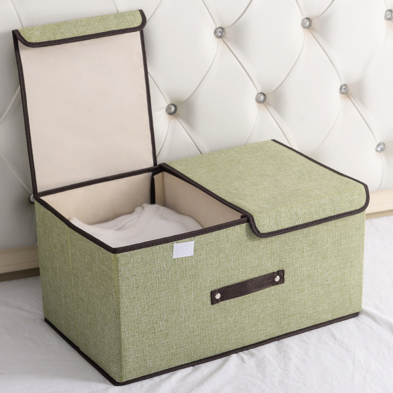 Foldable Cotton Linen Storage Box with Double Lid - Multi-Purpose Home Organizer
