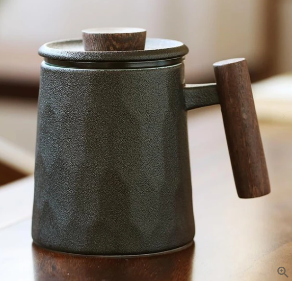 Ceramic Office Tea Cup with Wooden Handle and Lid 450ml Black