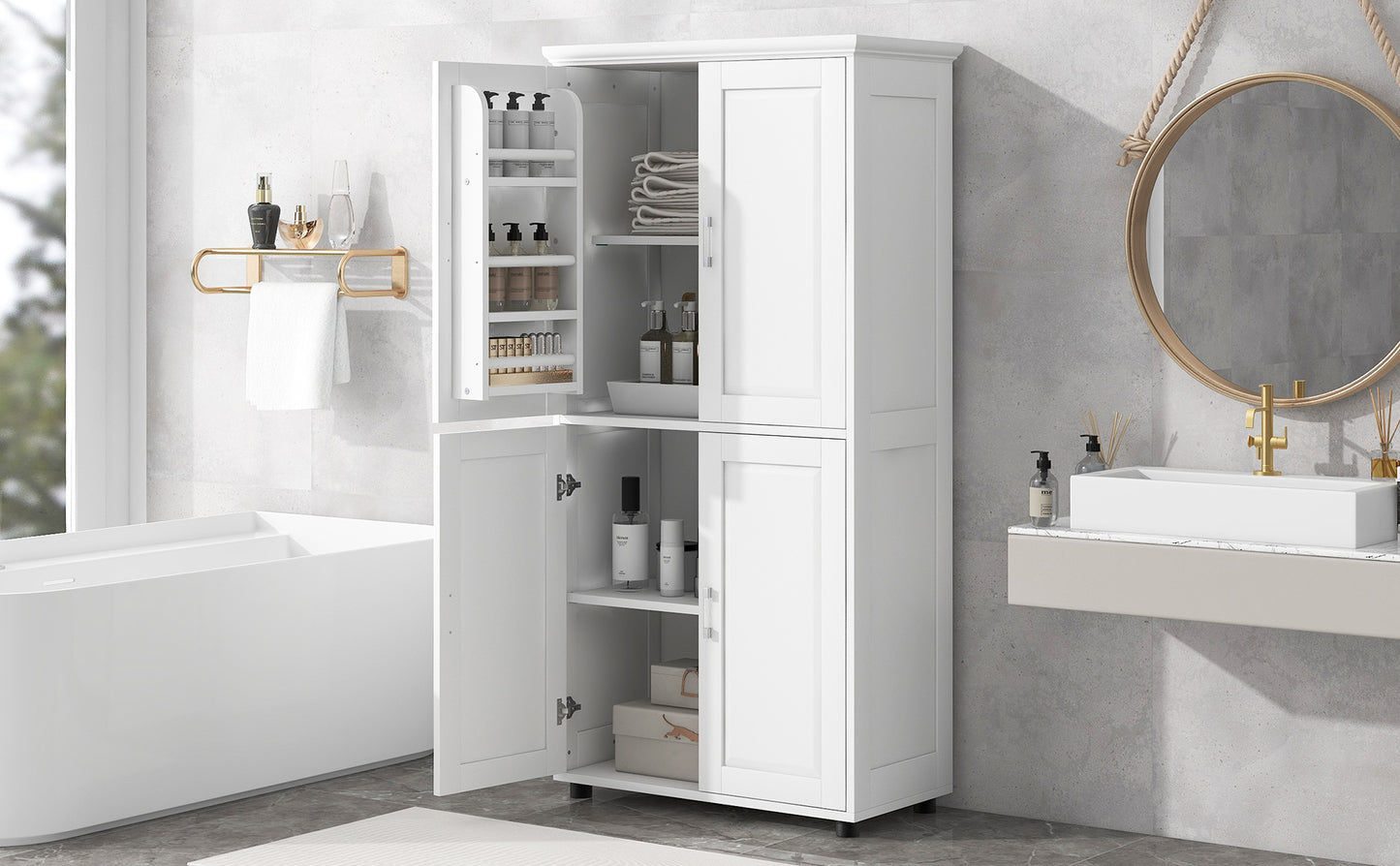Tall Bathroom Storage Cabinet with 4 Doors & Adjustable Shelves - White