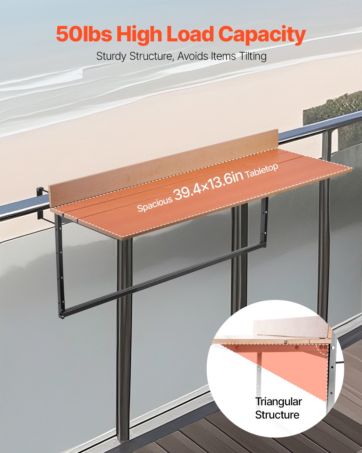 Outdoor Balcony Hanging Table 15x39 Inch Rust-Resistant Foldable Patio Railing Bar Table - Multicolor