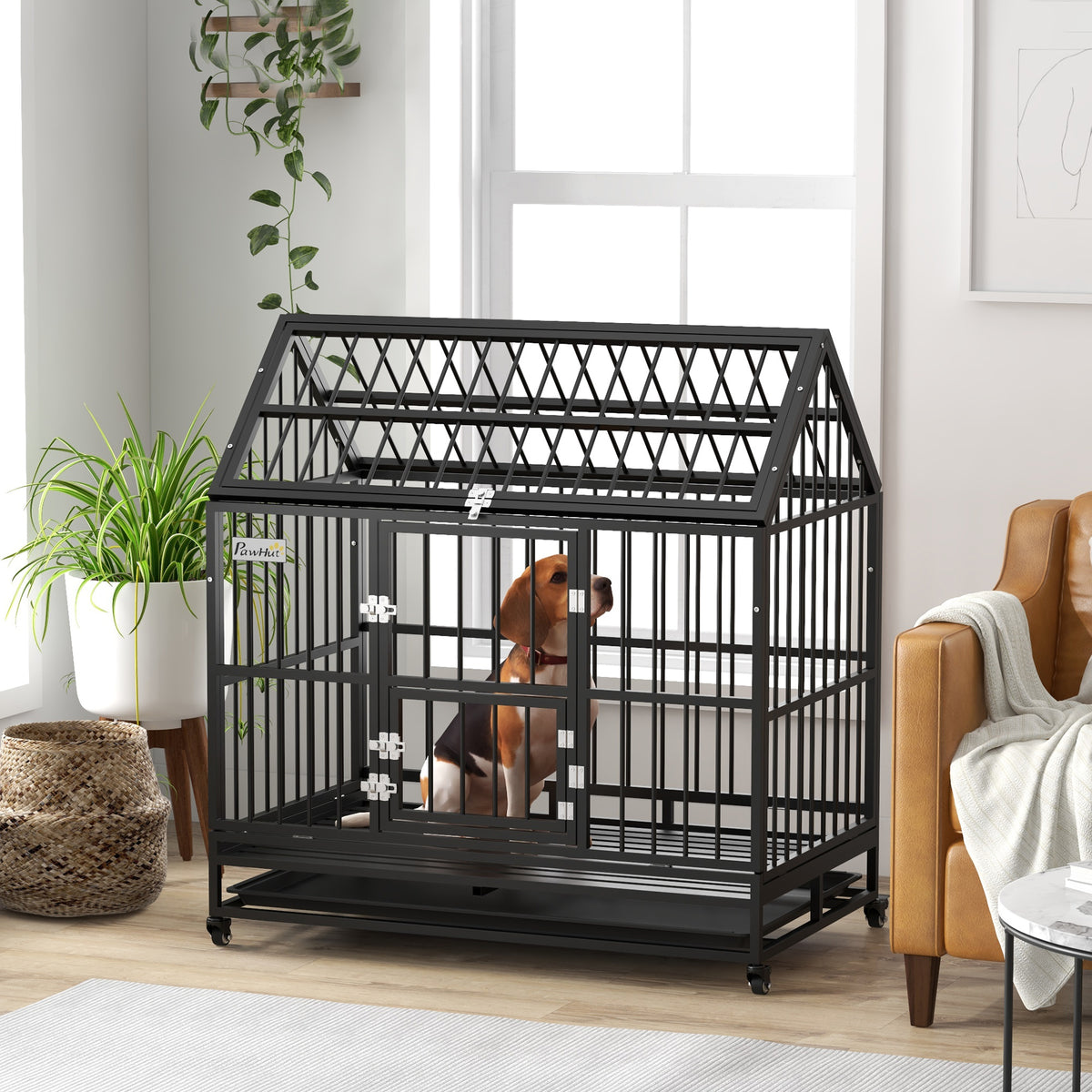 Heavy Duty Dog Crate with Lockable Wheels and Double Doors - XL, Black