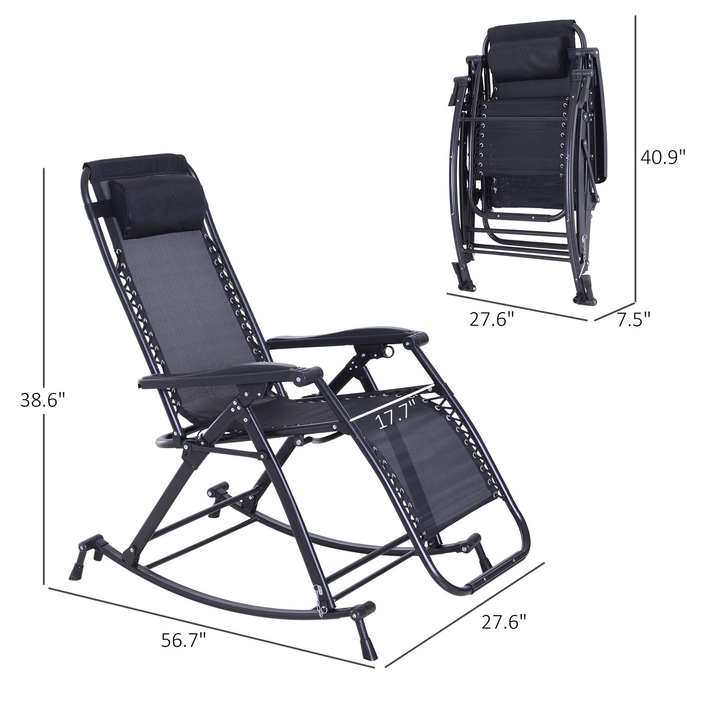 Zero Gravity Rocking Chair - Foldable Reclining Lounge with Pillow, Cup Holder, Black