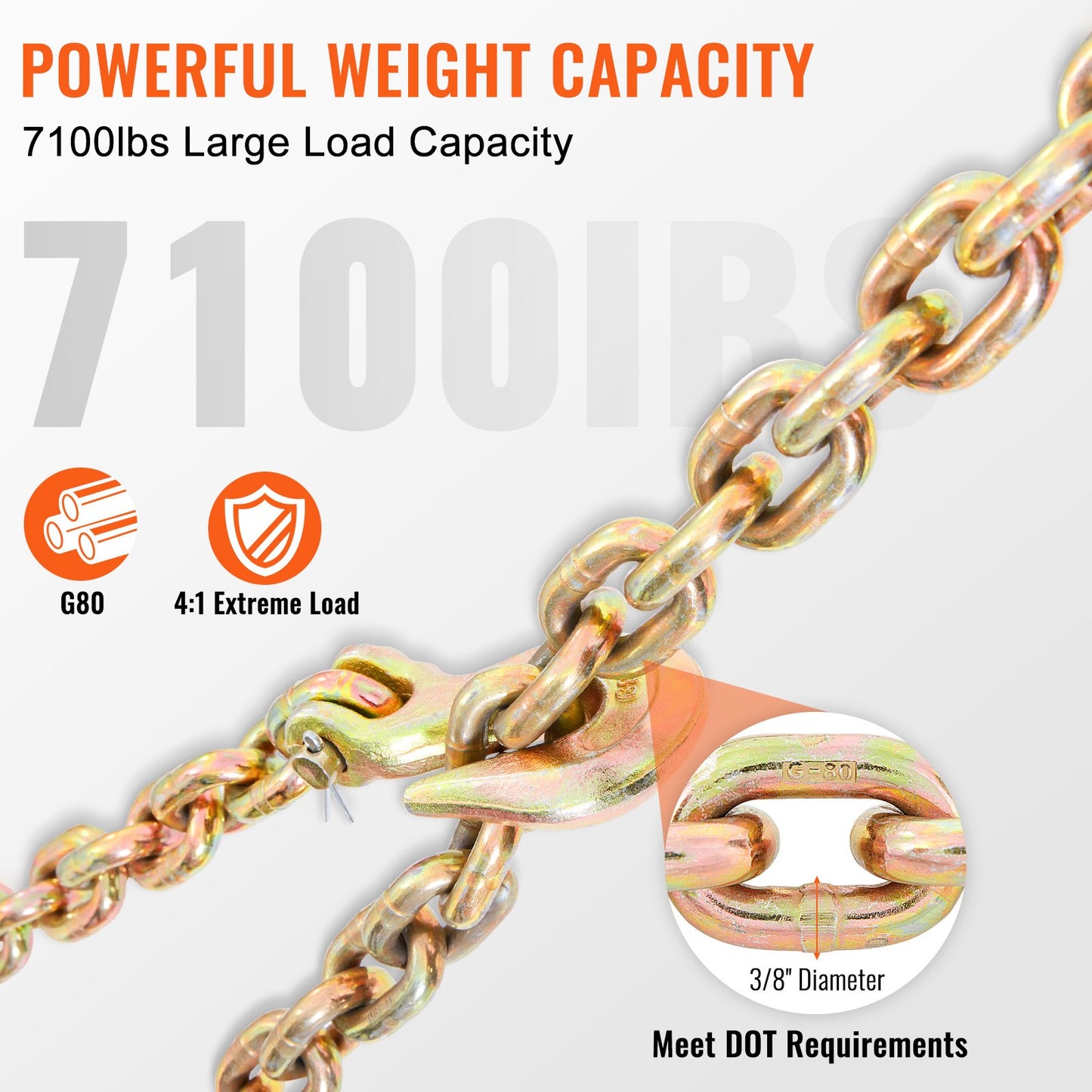 Heavy Duty 7100 Lb Load Capacity G80 Tow Chain with Grab Hooks - Galvanized Steel