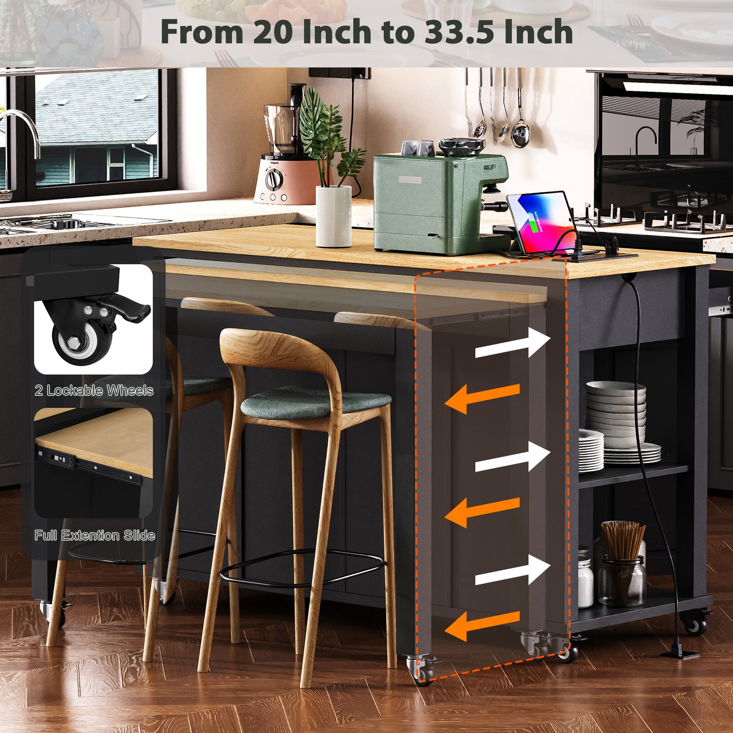 K&K 47 Inch Kitchen Island With Extendable Dining Table, Rubber Wood