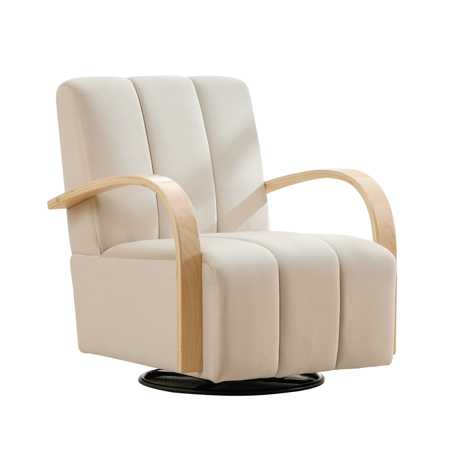 Modern Beige Upholstered Swivel Accent Chair with Solid Wood Armrests