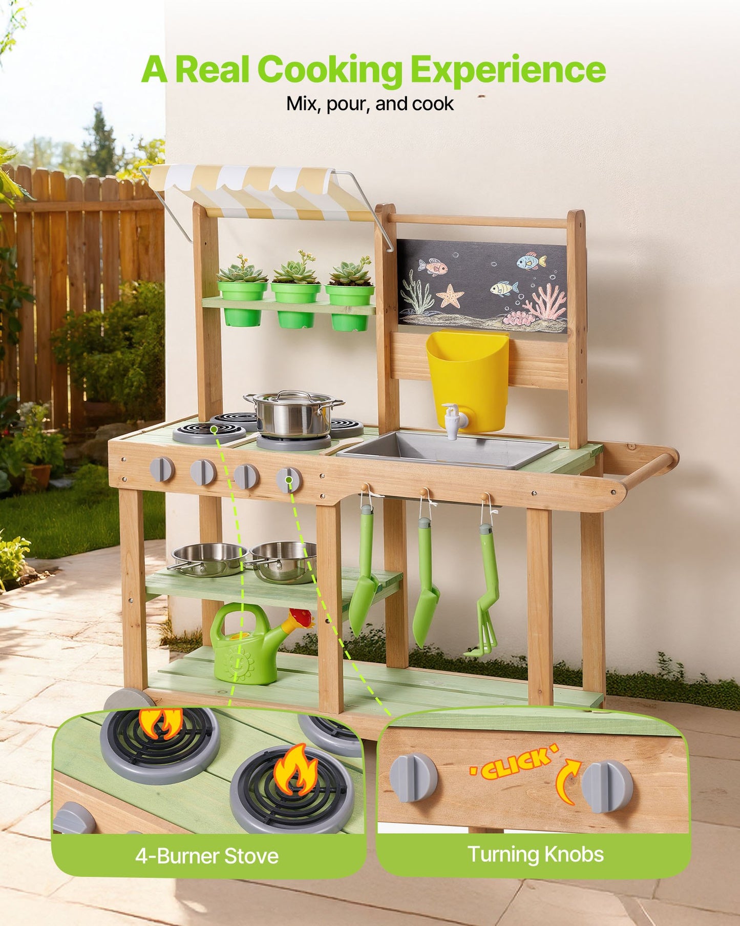 Kids Outdoor Mud Kitchen with Sink, Canopy & Wheels - Wooden Play Set