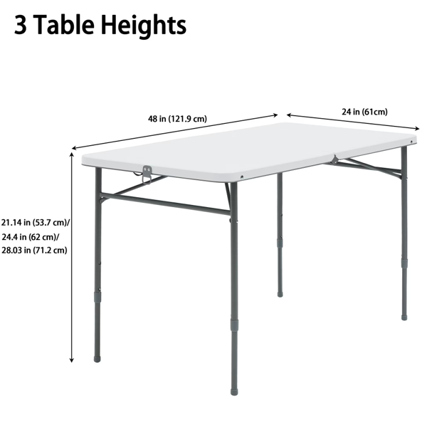 4-Foot Adjustable Folding Table - White, Portable & Durable