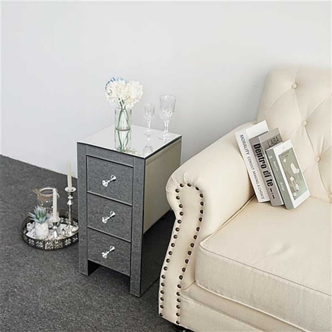 Mirrored Glass Bedside Table with 3 Drawers - Silver