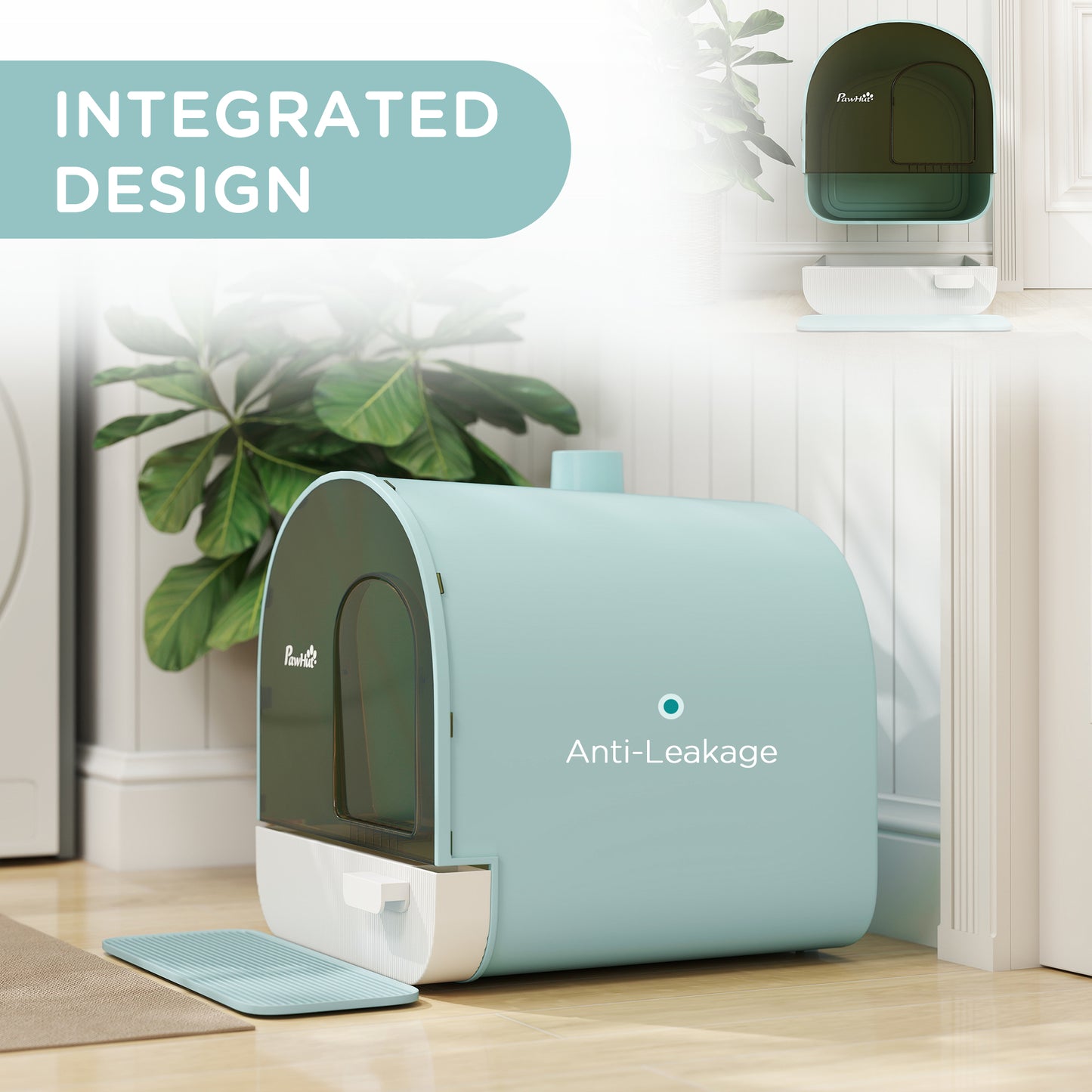Enclosed Cat Litter Box with Lid, Drawer, Scoop & Mat - Green, 475x455x460 mm