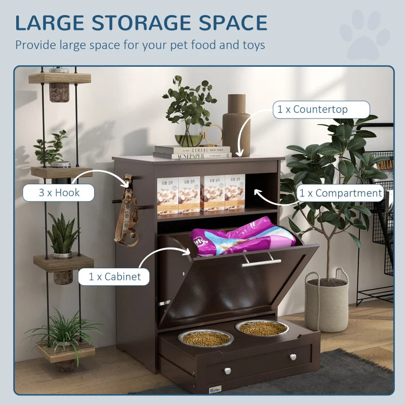 Dog Food Storage Cabinet with Elevated Bowls and Side Hooks - Brown