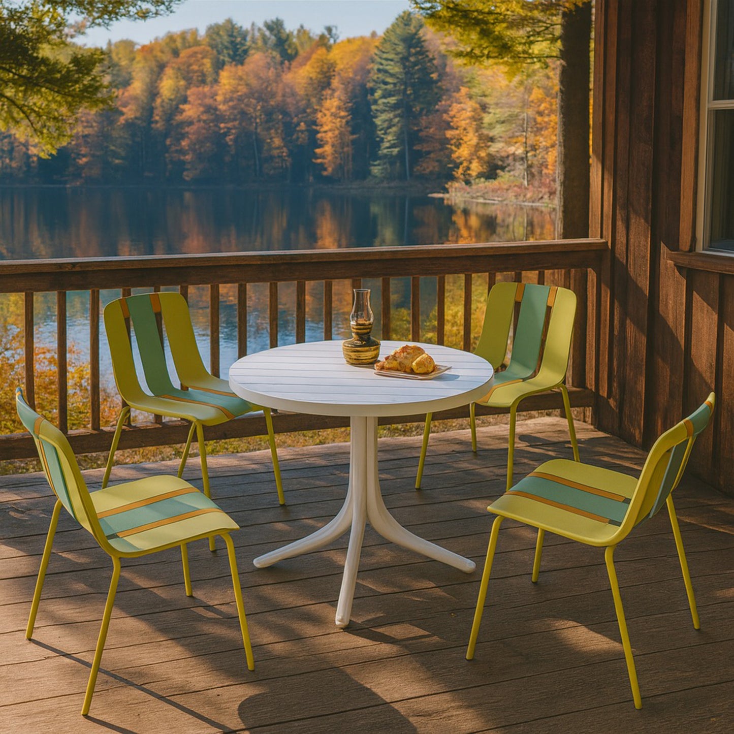 Modern Striped Color Block Chairs Set - 4-Pack with Round Table - Yellow, Orange, Green