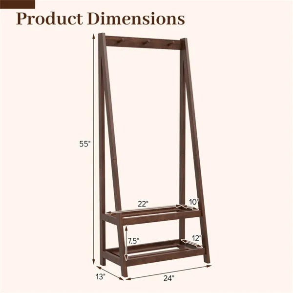 Solid Rubber Wood Freestanding Coat Rack with Shelves & Hooks
