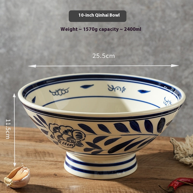 High-Leg Retro Ceramic Noodle Bowl with Hand-Painted Floral Pattern - 8 to 10 Inches