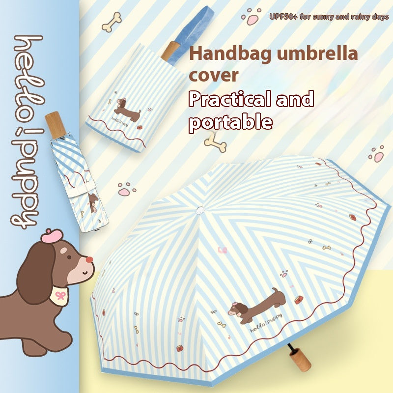 Triple Folding Sun Umbrella with Cartoon Sausage Dog Pattern - UV & Sunproof