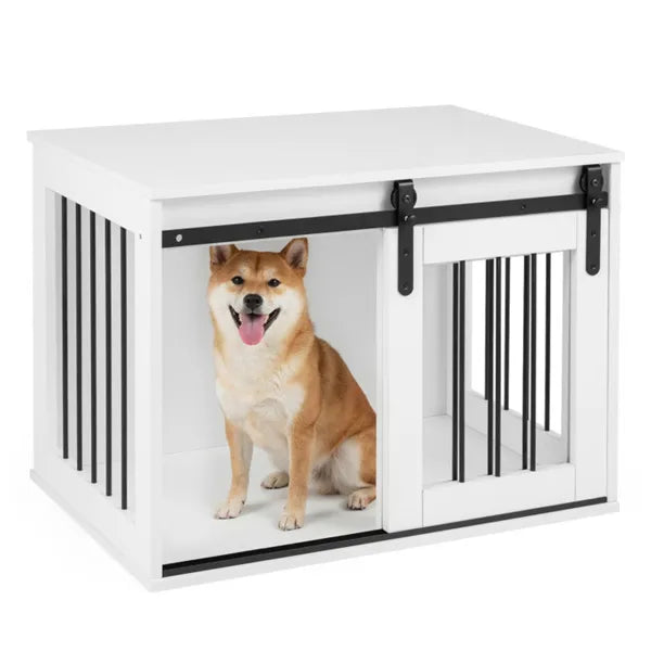 Dog Crate Furniture with Sliding Barn Door - 31.5 Inch Wooden Indoor Kennel & End Table - White