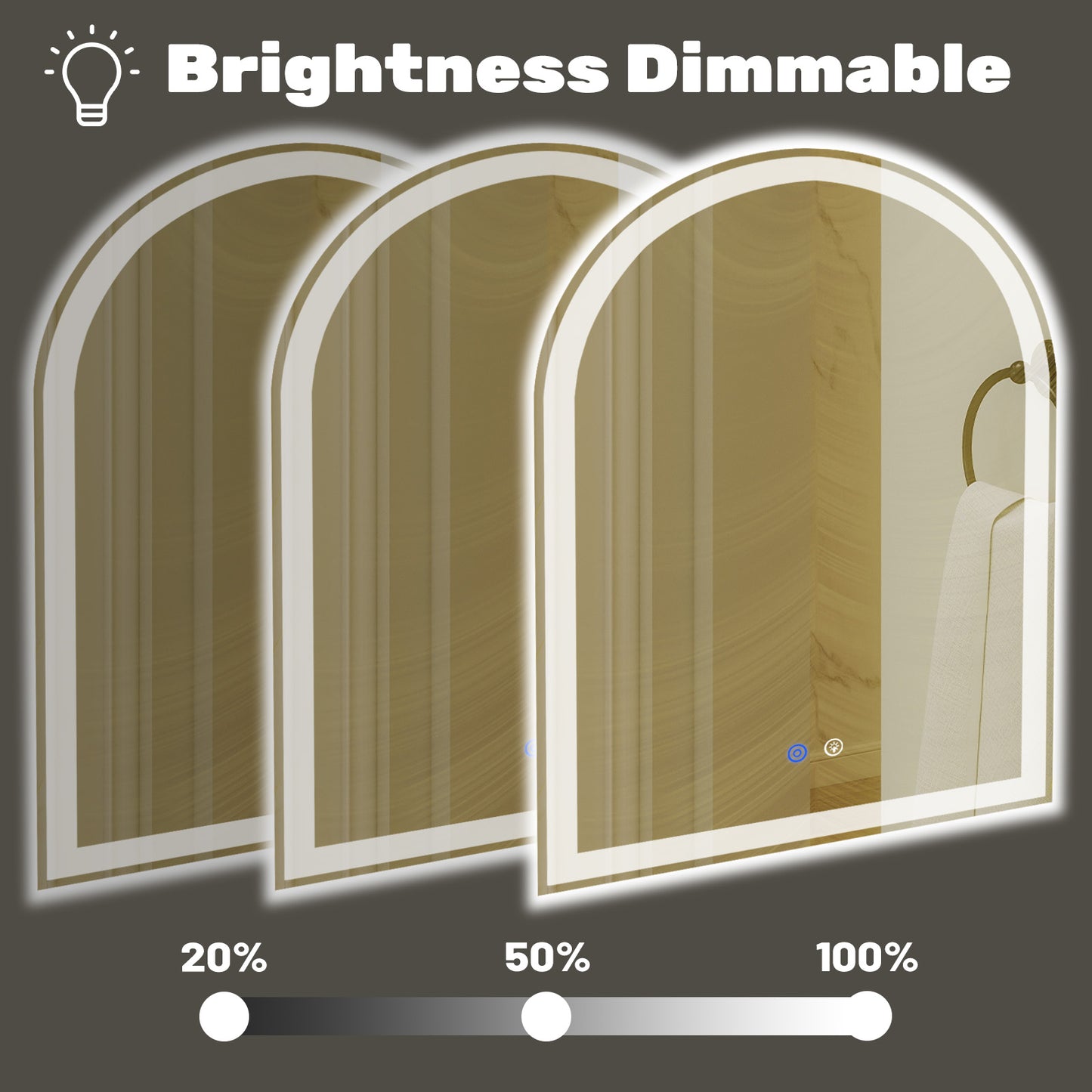 Smart Anti-Fog LED Bathroom Mirror - Arch Shape, Dual Light, 3 Color Temperatures, Memory Dimming