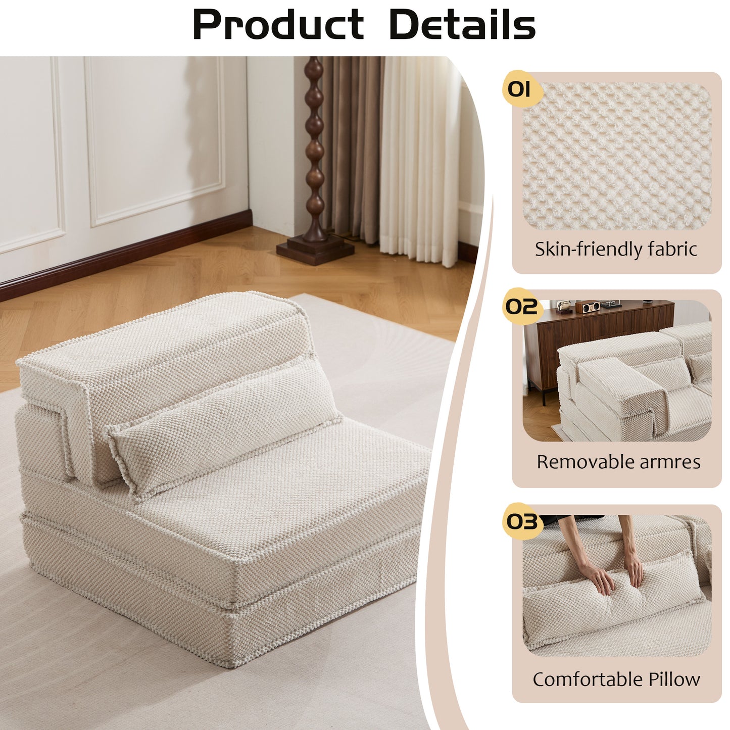 Convertible Floor Sofa Bed - Compression Mahjong Sofa in White