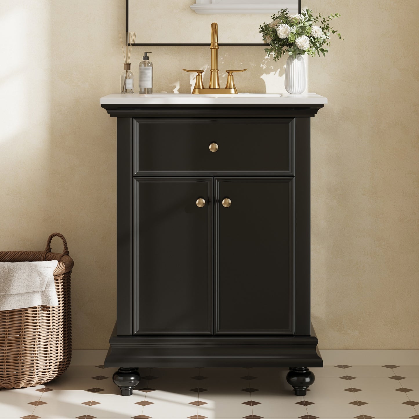 24" Black Modern Bathroom Vanity with Tip-Out Drawer & Soft-Close Hinges