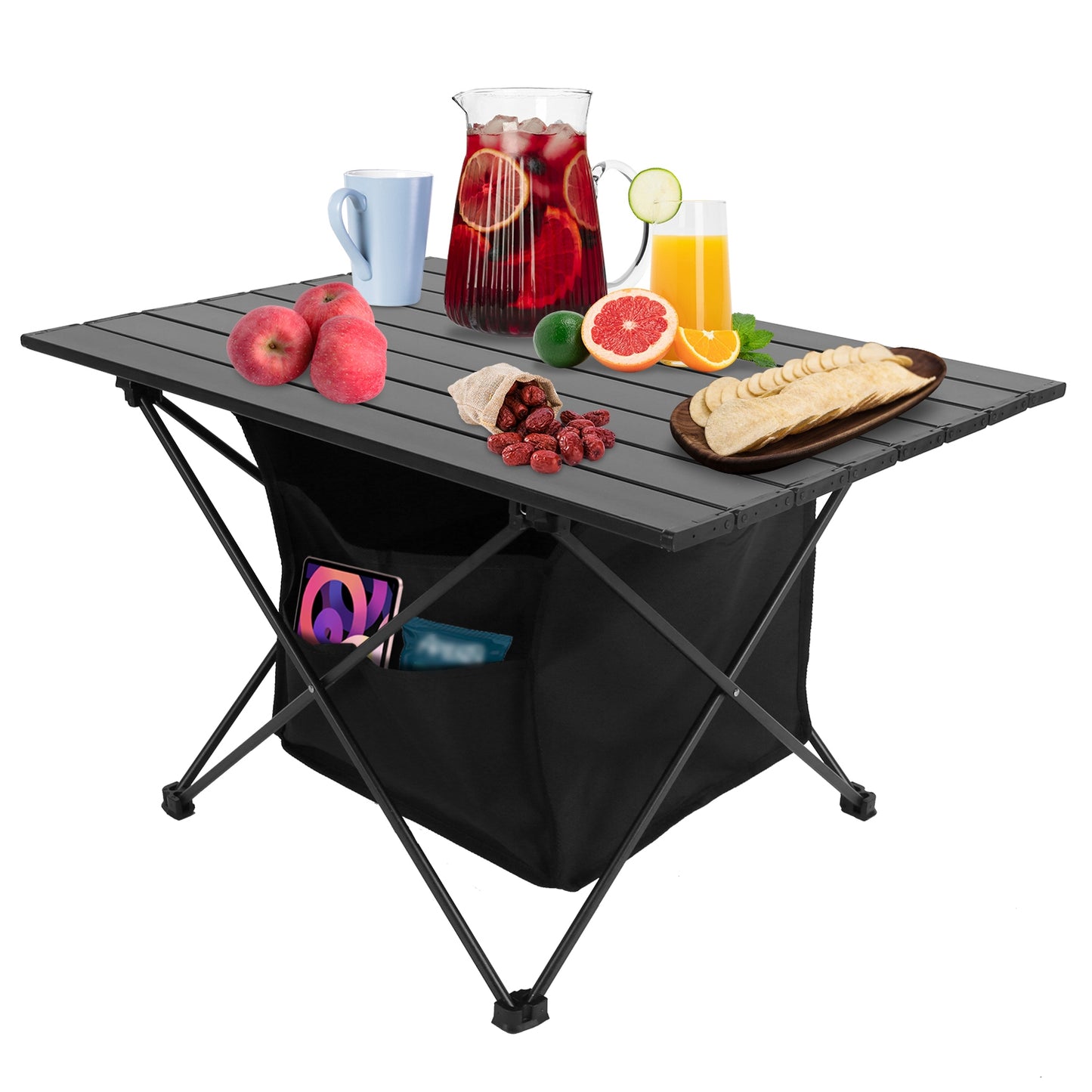 Foldable Camping Table with Storage Basket - Portable Aluminum