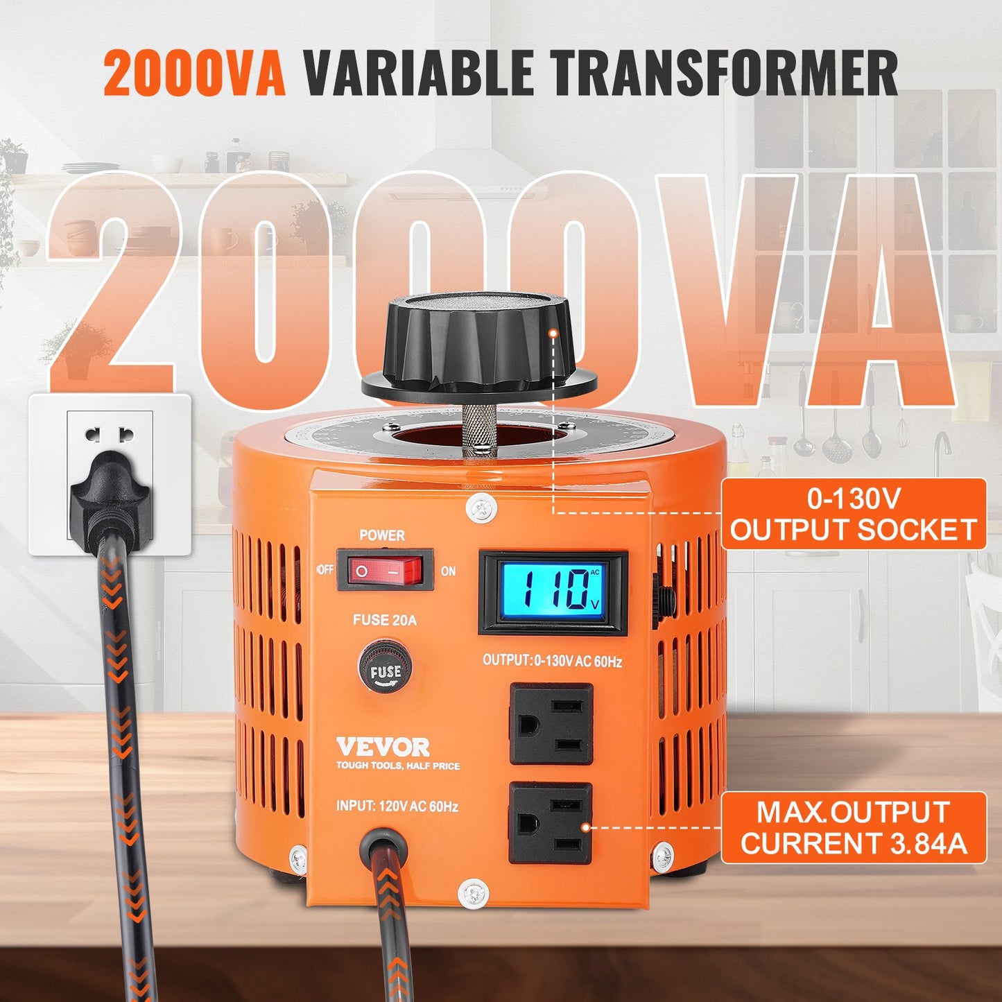 2000VA Auto Variable Voltage Transformer with LCD Display, 15.3A, 110V to 130V