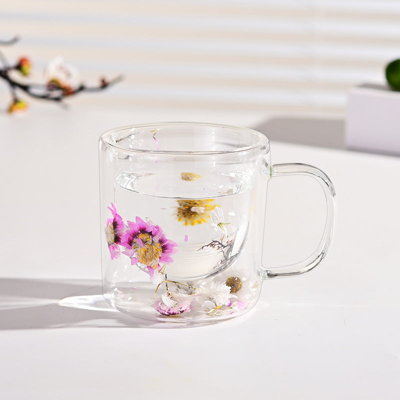 Double-Layer Borosilicate Glass Flower Pattern Cup - 200ml, High Temperature Resistant