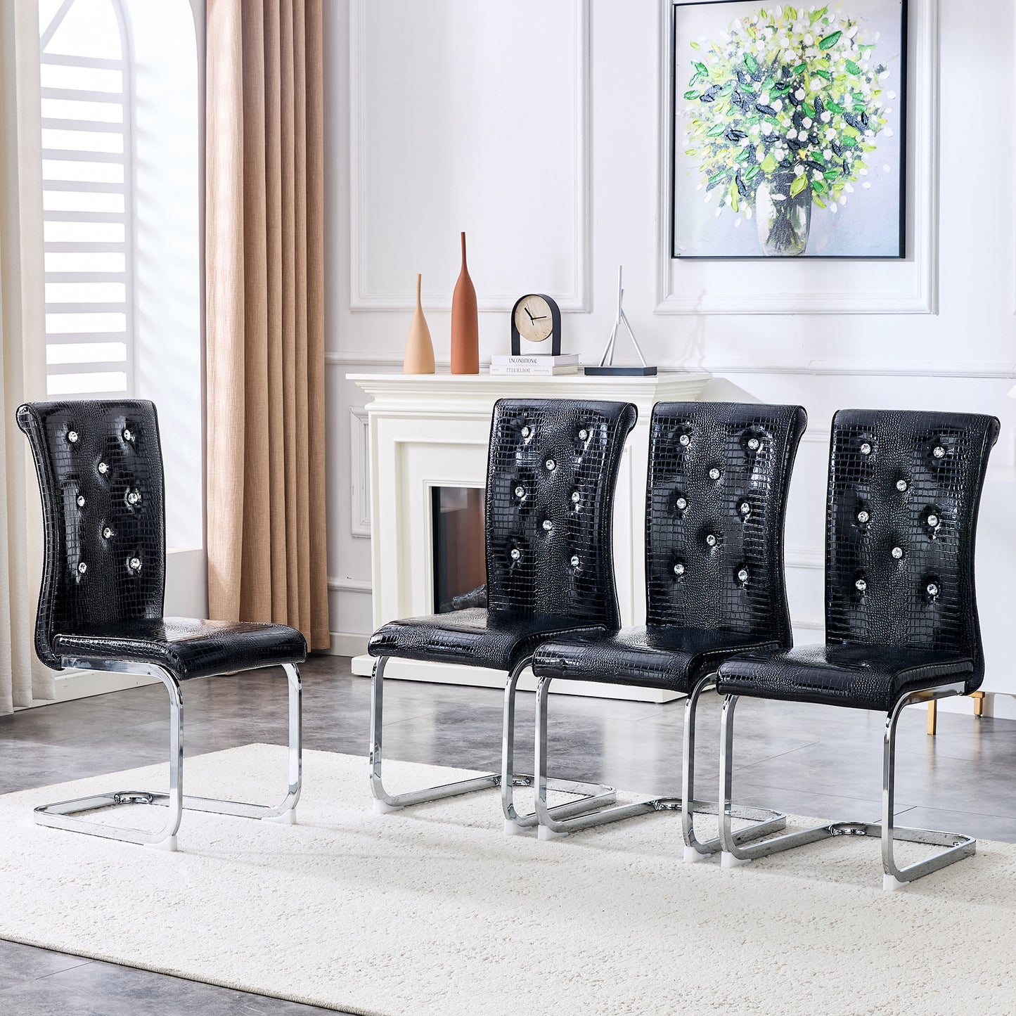 Set Of 4,Retro Alligator Skin Upholstered Dining Chairs,with Crystal