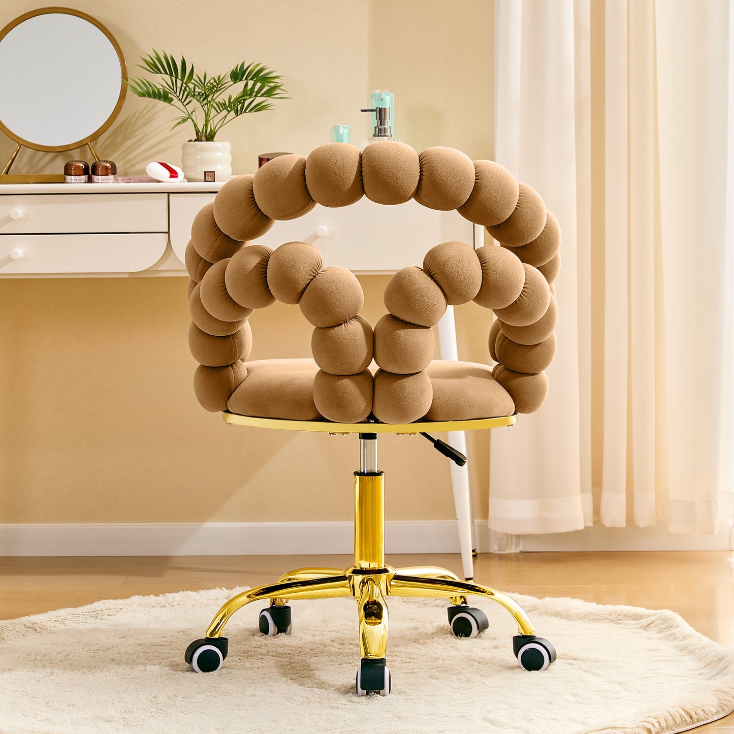 Velvet Bubble Back Swivel Office Chair - Adjustable Height, Gold Base