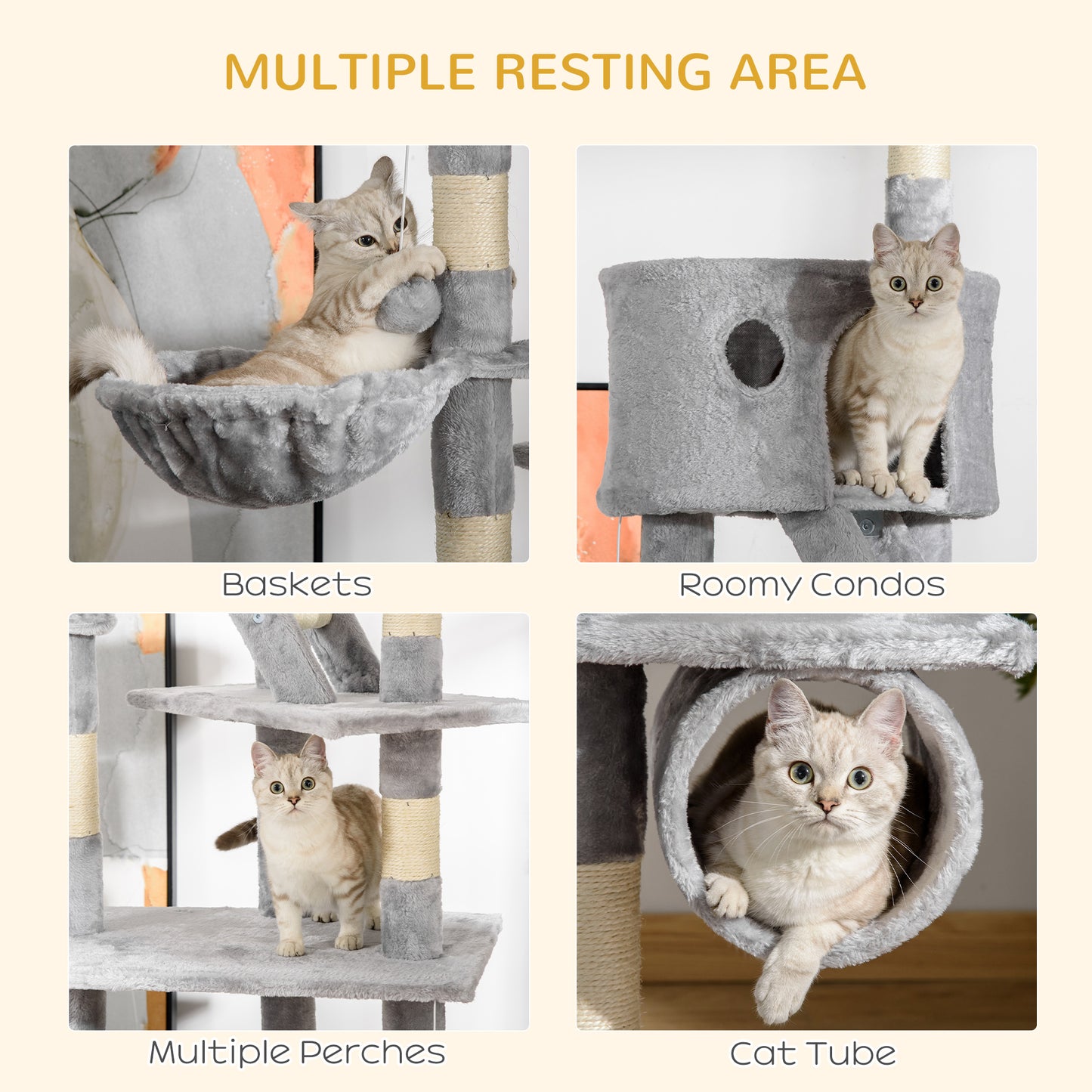 Adjustable Floor Cat Tree Tower with Hammock - Grey, 94.5-10.25 Inch Height